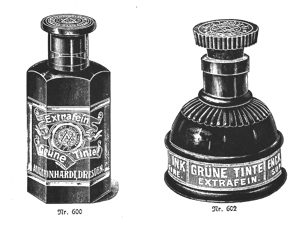 Glass bottles for storing green ink (picture from 1914)