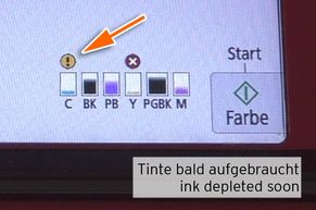 [Translate to Italienisch:] Warnung Füllstand "Tinte bald aufgebraucht" bei CLI-581 Cyan 