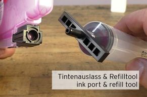 [Translate to Italienisch:] Tintenauslass einer Brother LC3239 LC3237 mit Refilltool