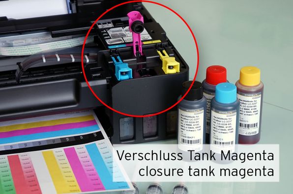 Verschluss des magenta Tanks am Canon MegaTank Drucker