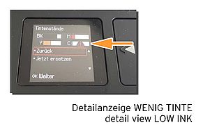 Detailanzeige Cyan Epson 29 wenig Tinte mit Ausrufezeichen