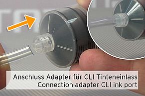 Anschluss des Adapters für Canon CLI Tinteneinlass an der Refillspritze