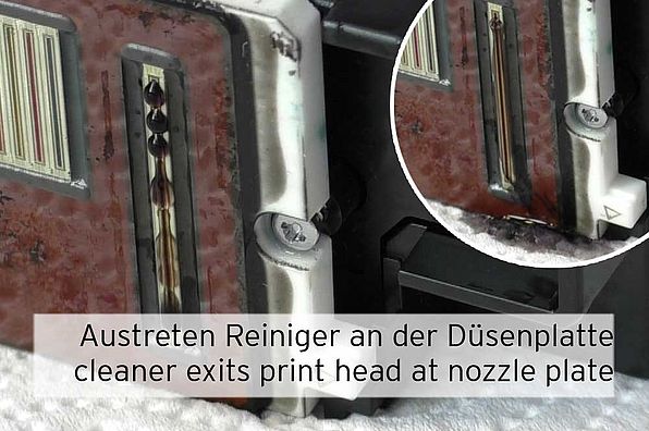 Gemisch aus Druckkopfreiniger und Tinte tritt an Düsenplatte aus