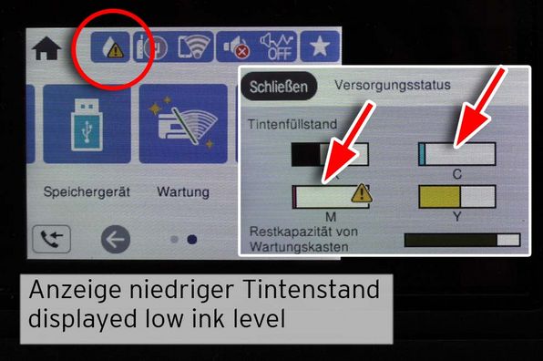 Low ink level indicated on printer display Epson 405