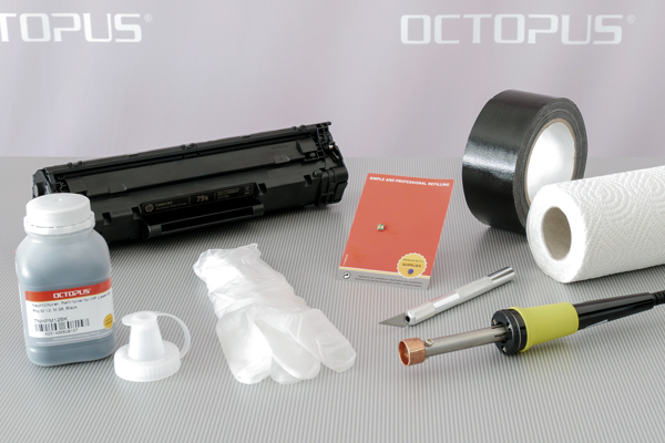 Material, tools and equipment for refilling the HP 79A cartridge.