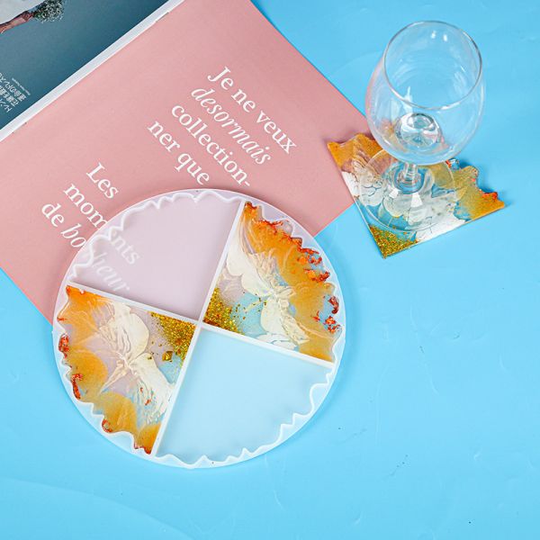 Silikonform, Gießform rund für vier Untersetzer aus Epoxidharz mit facettiertem Rand, 21 cm