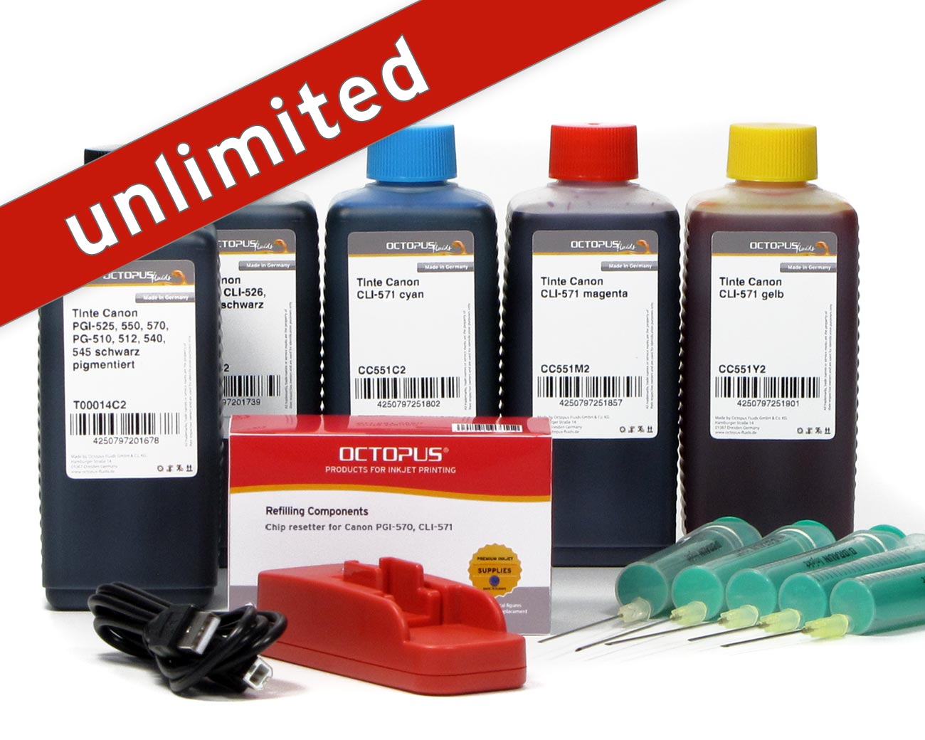 Set with chip resetter for Canon PGI-570, CLI-571 inkjet cartridges and 5x refill ink
