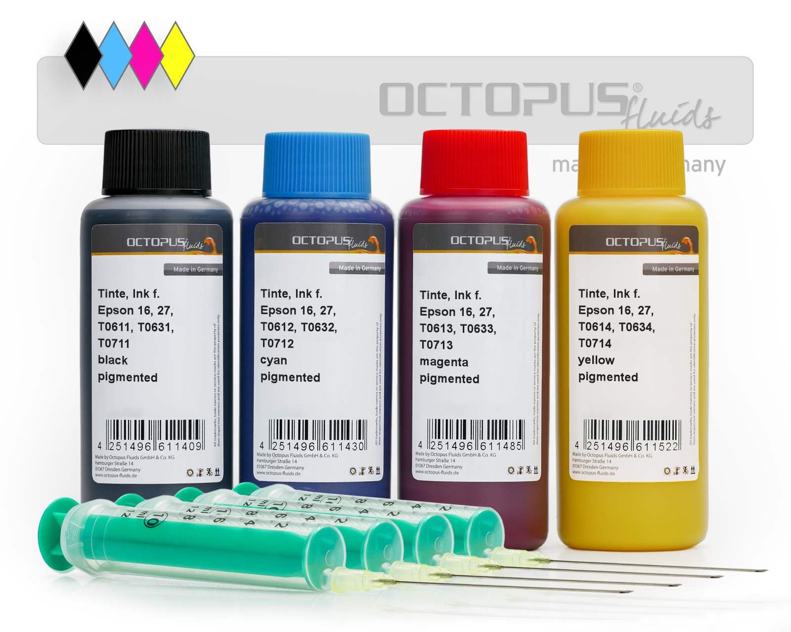 Refill ink set for Epson 16, 27, T061x, T063x, T071x cartridges, 4 colors