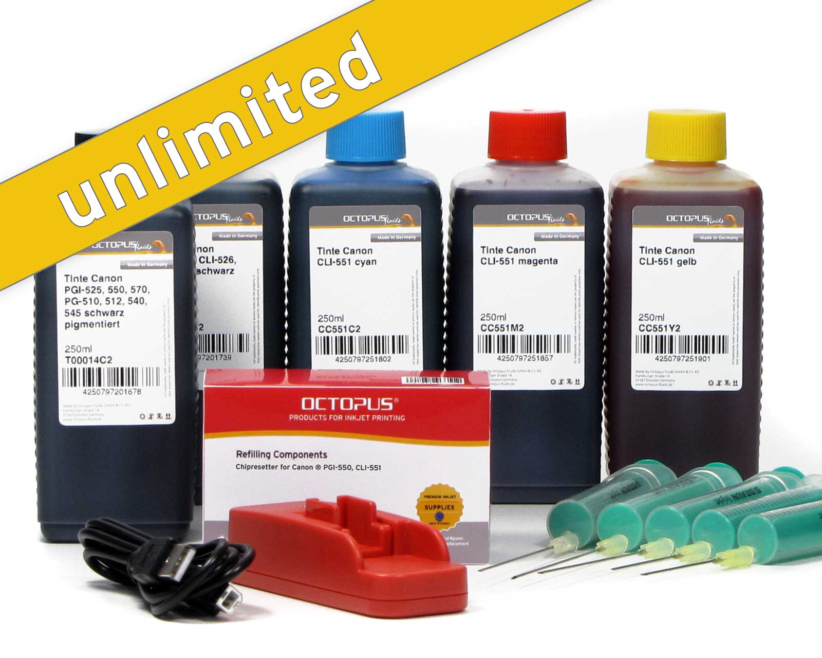 Chipresetter for Canon PGI-550, CLI-551 inkjet cartridges with 5x refill ink