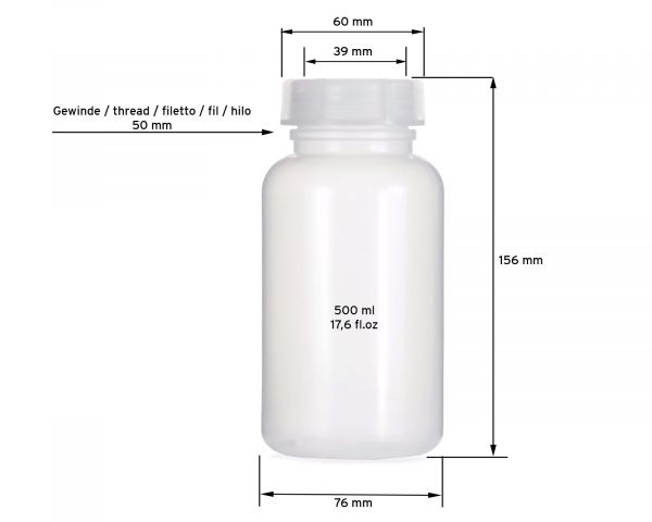5x 500 ml Wide neck bottle with screw cap, chemical bottle, laboratory bottle LDPE, natural colour