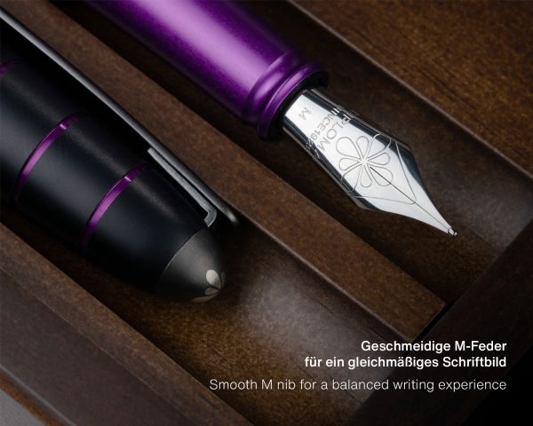 Set di penne stilografiche Diplomat Elox Ring nero-viola con inchiostro da scrittura e astuccio in legno di wengé