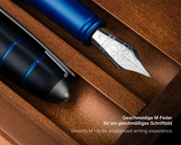 Set di penne stilografiche Diplomat Elox Ring nero-blu con inchiostro da scrittura e astuccio in legno di ciliegio