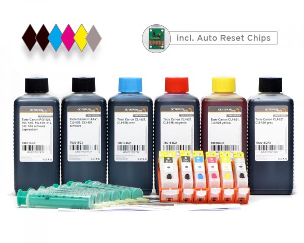 Refillable Ink Cartridges for Canon PGI-525, CLI 526 with Chip, 6x of Ink