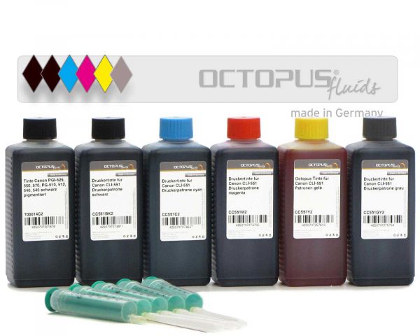 Set with chip resetter for Canon PGI-550, CLI-551 inkjet cartridges and 6x refill ink with gray