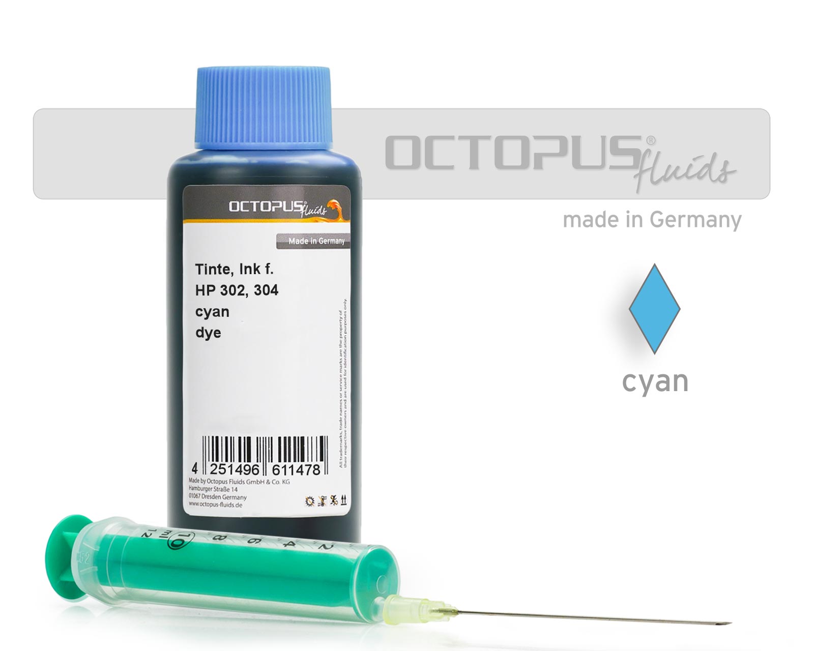 100ml Druckertinte für HP 302, HP 304 Druckerpatronen cyan mit Refillspritze