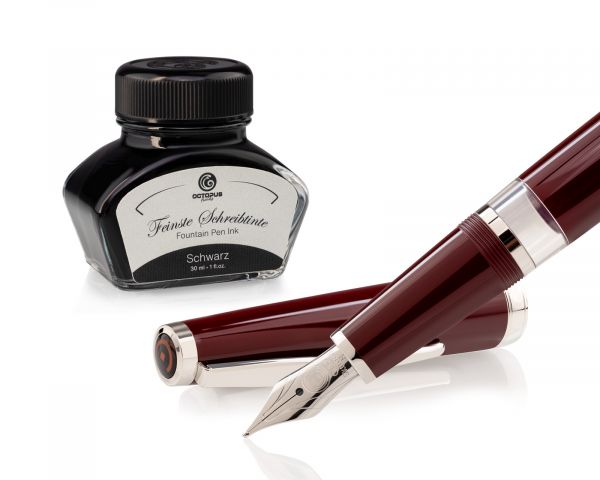 Cleo Skribent Classic Palladium, piston fountain pen set, M nib, and 30 ml ink