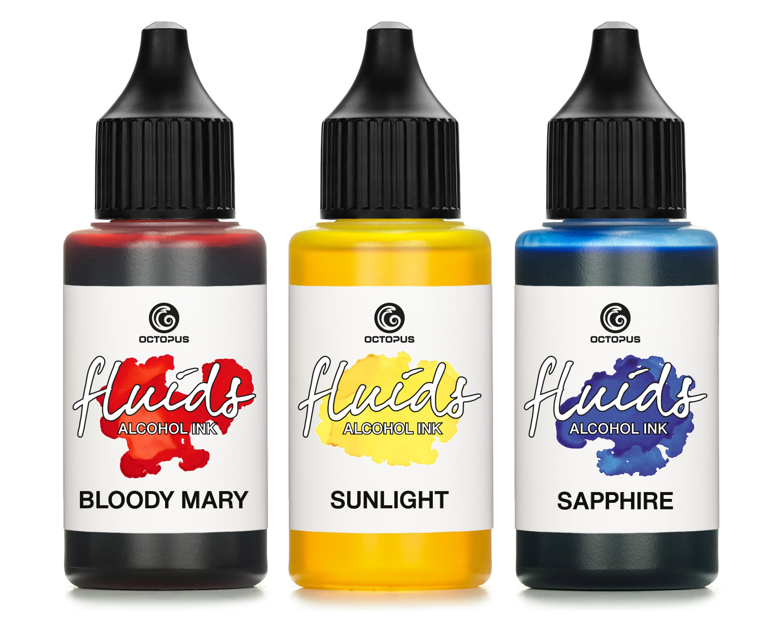 3x 30ml Fluids™ Alcohol Ink Set BLOODY MARY, SUNLIGHT, SAPPHIRE for fluid art and resin