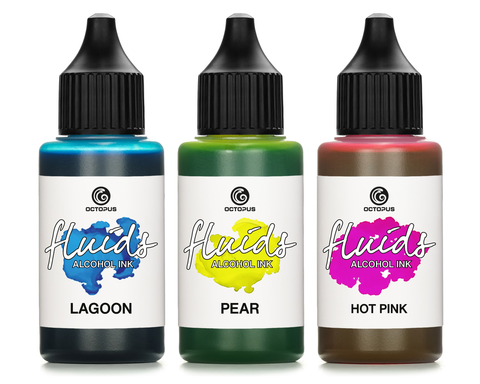 3x 30ml Fluids Alcohol Ink Set LAGOON, PEAR, HOT PINK, Inchiostro ad alcohol per Fluid Art e Resin Art