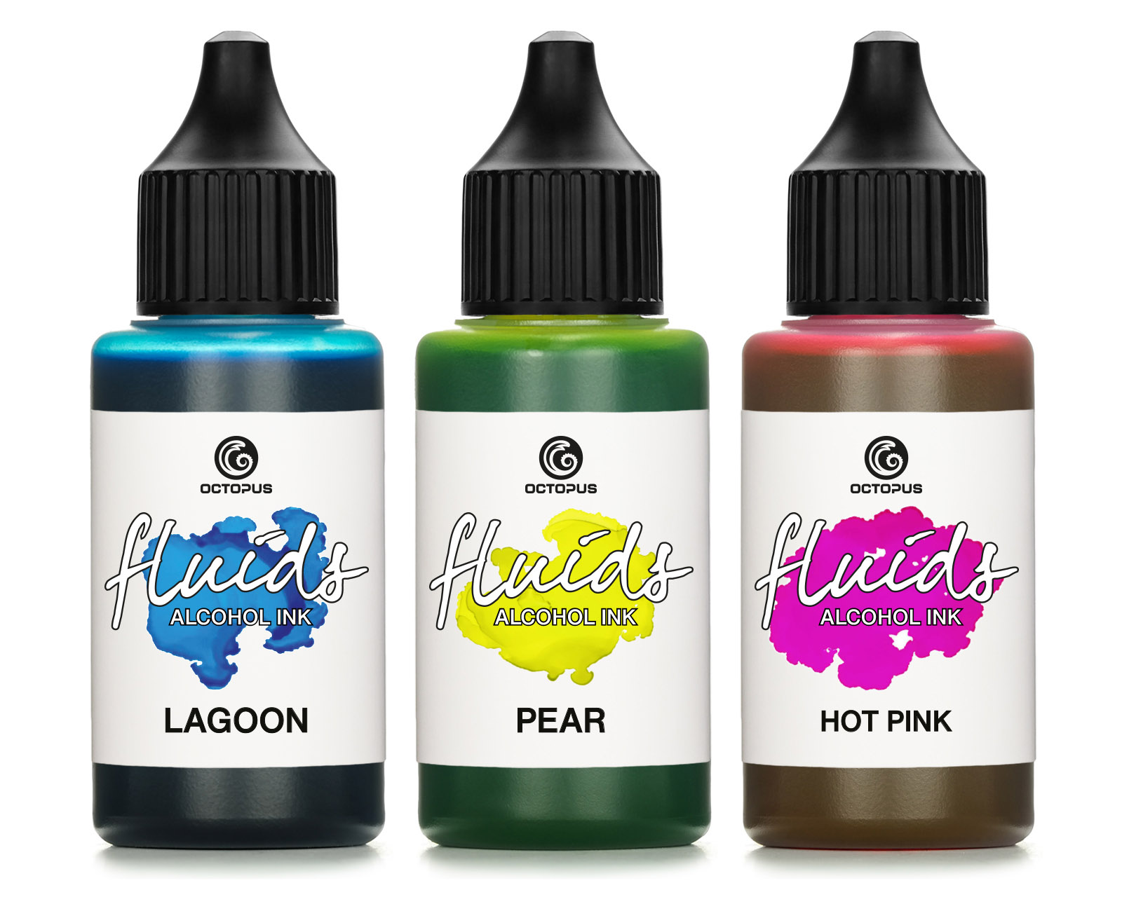 3x 30ml Octopus Fluids Alcohol Ink Set LAGOON, PEAR, HOT PINK for fluid art, resin art and epoxy