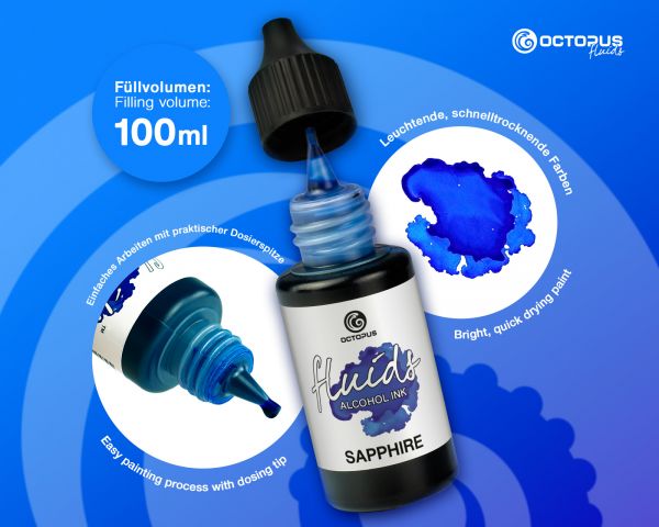 100 ml Octopus Fluids Alcohol Ink BLUE SAPPHIRE, Alkoholtinte für Fluid Art und Resin, blau