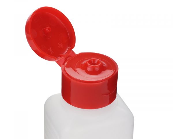 10 x 100 ml HDPE plastic bottles with red turn-up lid caps