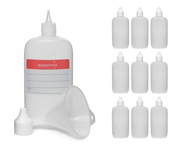 10 oval bottles made of HDPE, natural, thread RD18, with lid and funnel, 14g, volume 100 ml