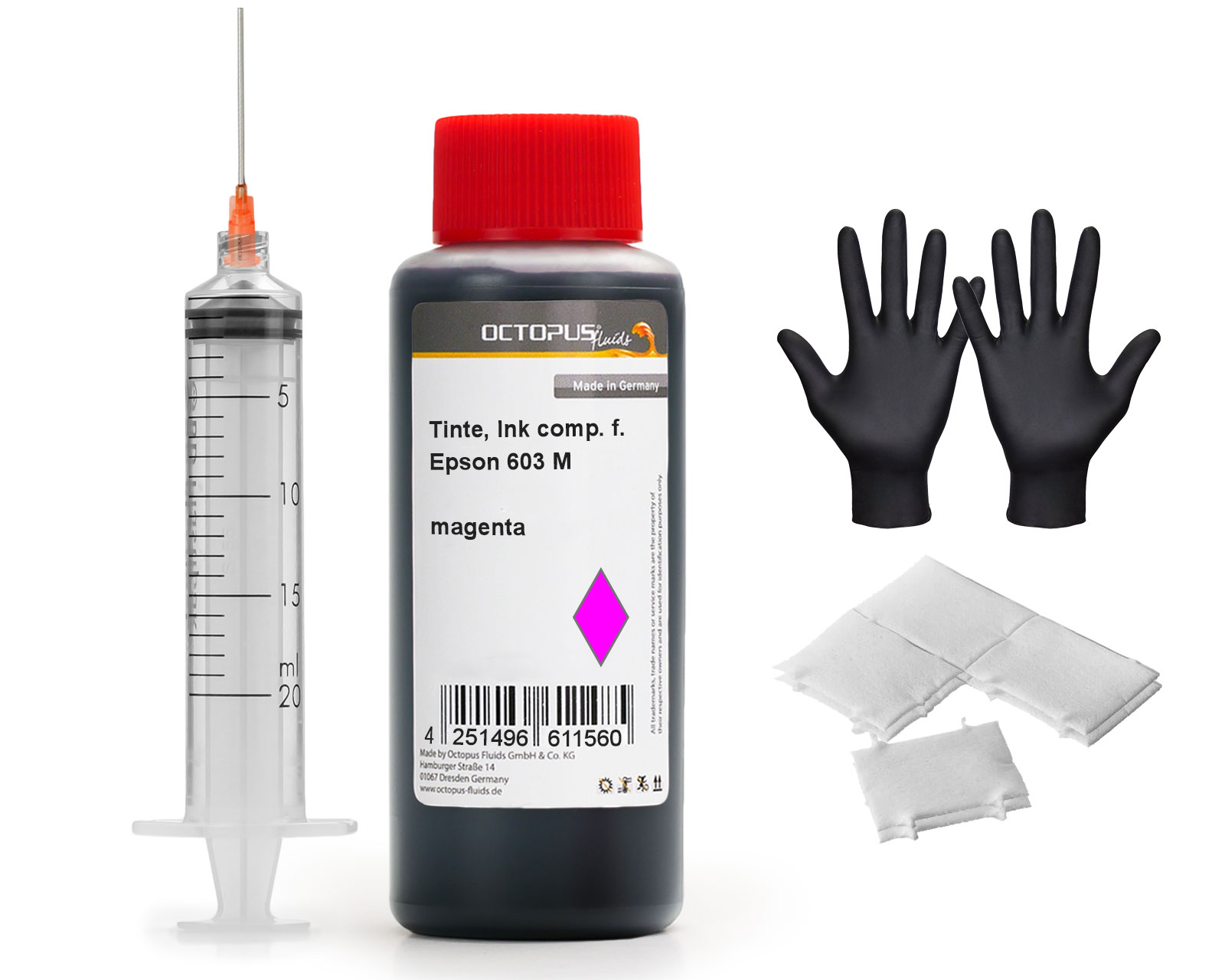 
Refill ink for Epson 603 ink cartridges, Expression Home XP-2100, 3100, 4100, WorkForce WF-2800 magenta with syringe