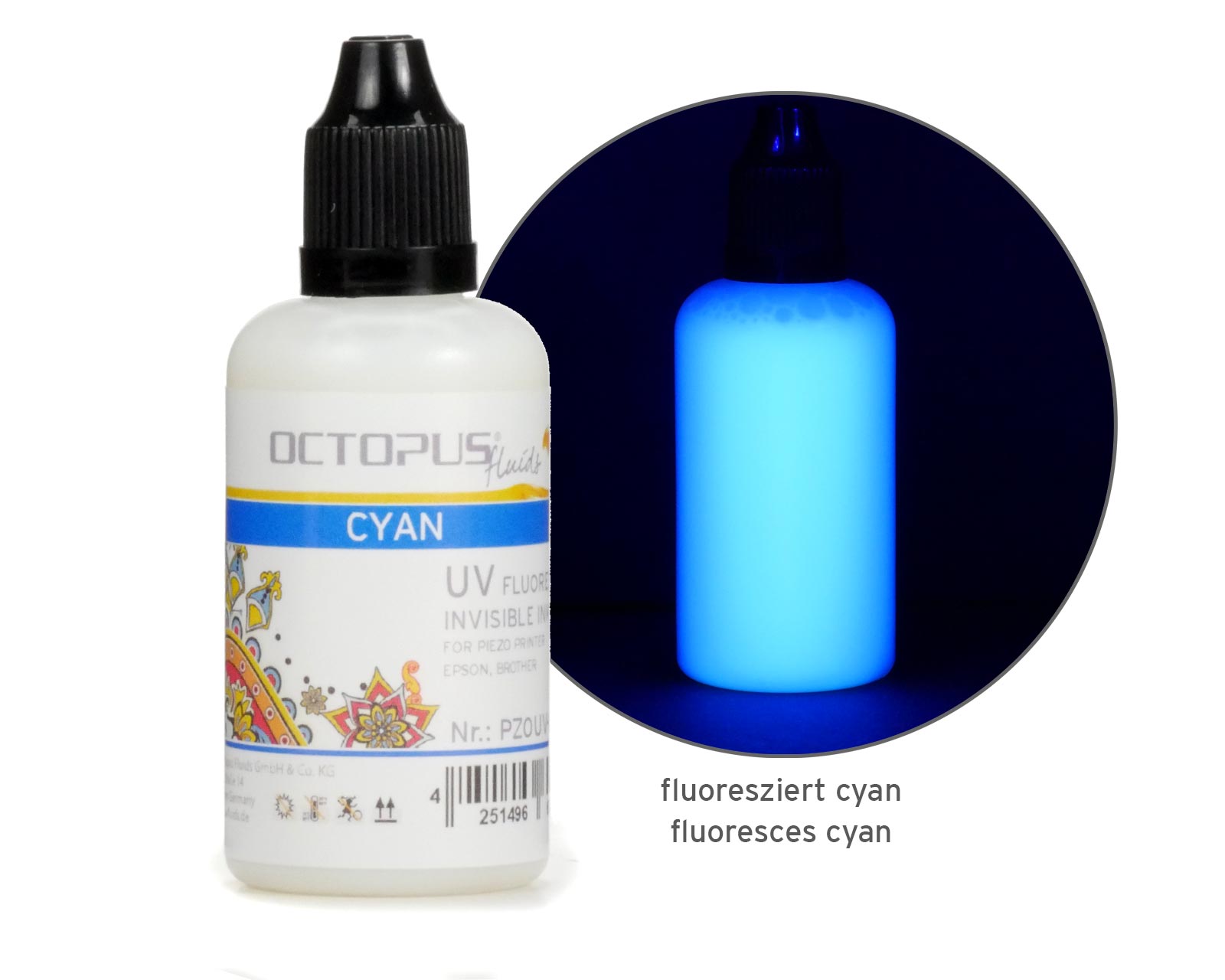 Inchiostro fluorescente UV invisibile per stampanti Piezo Epson e Brother, ciano Inchiostro fluorescente UV invisibile per stampanti Piezo Epson e Brother, ciano