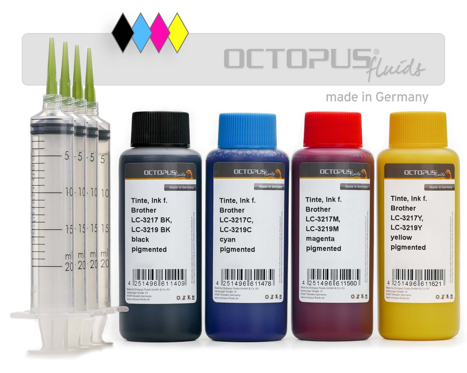 Refill ink comp. with Brother LC-3217, LC-3219 cartridges, CMYK pigmented