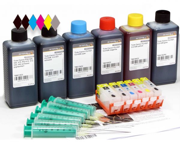 Refillable Ink Cartridges for Canon PGI-525, CLI 526 with Chip, 6x of Ink