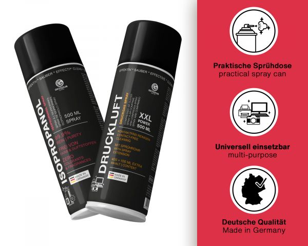 Set di pulizia OCTOPUS, spray ad aria compressa con tubo flessibile e spray all'isopropanolo 99,9%