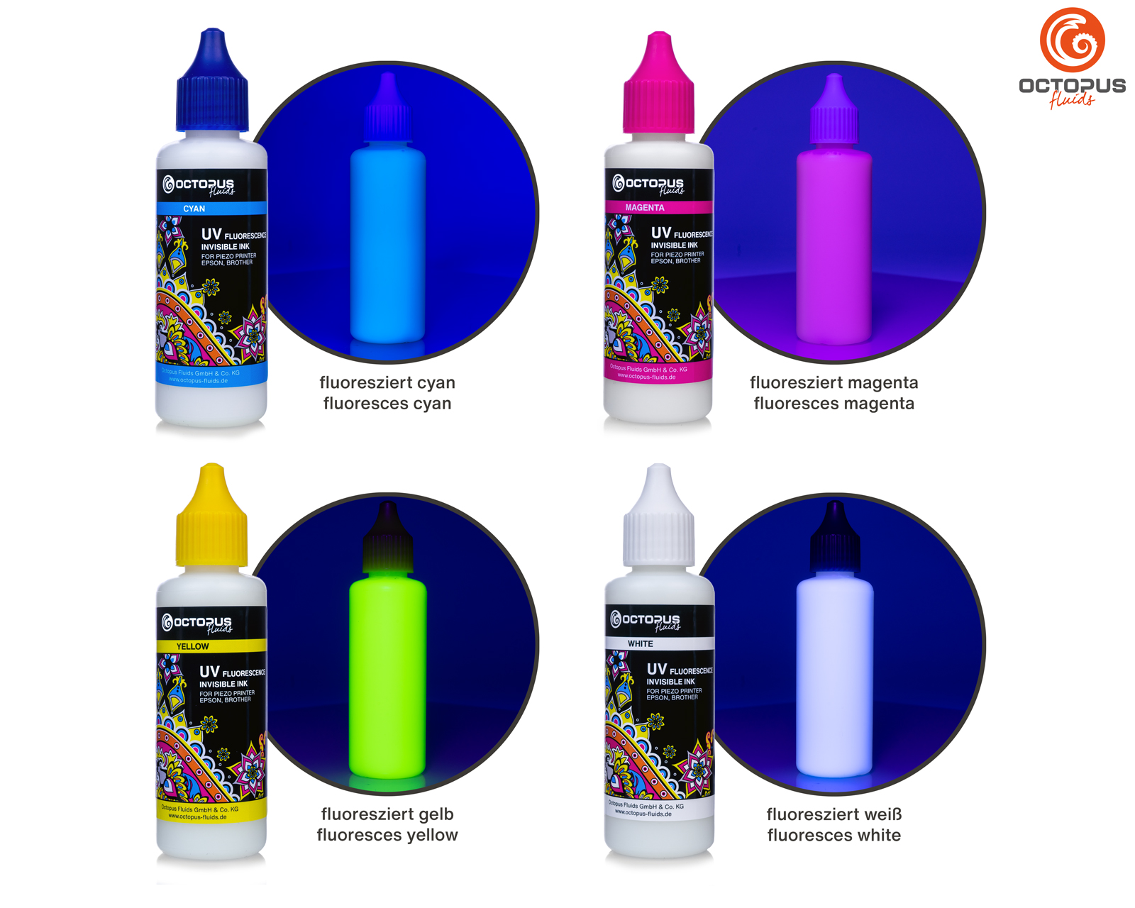 4x 50ml UV fluoreszierende, unsichtbare Tinte für Epson und Brother, weiss, cyan, magenta, gelb