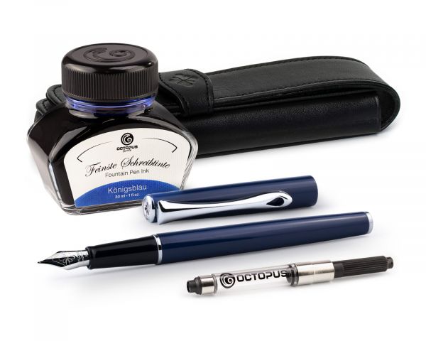 Füllhalterset Diplomat Traveller Navy Blue mit Lederetui, Schreibtinte und Tintenkonverter, Stärke M