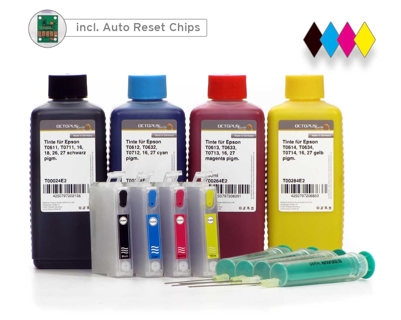 Refillable cartridges for Epson 27 with auto reset chips and 4x of ink