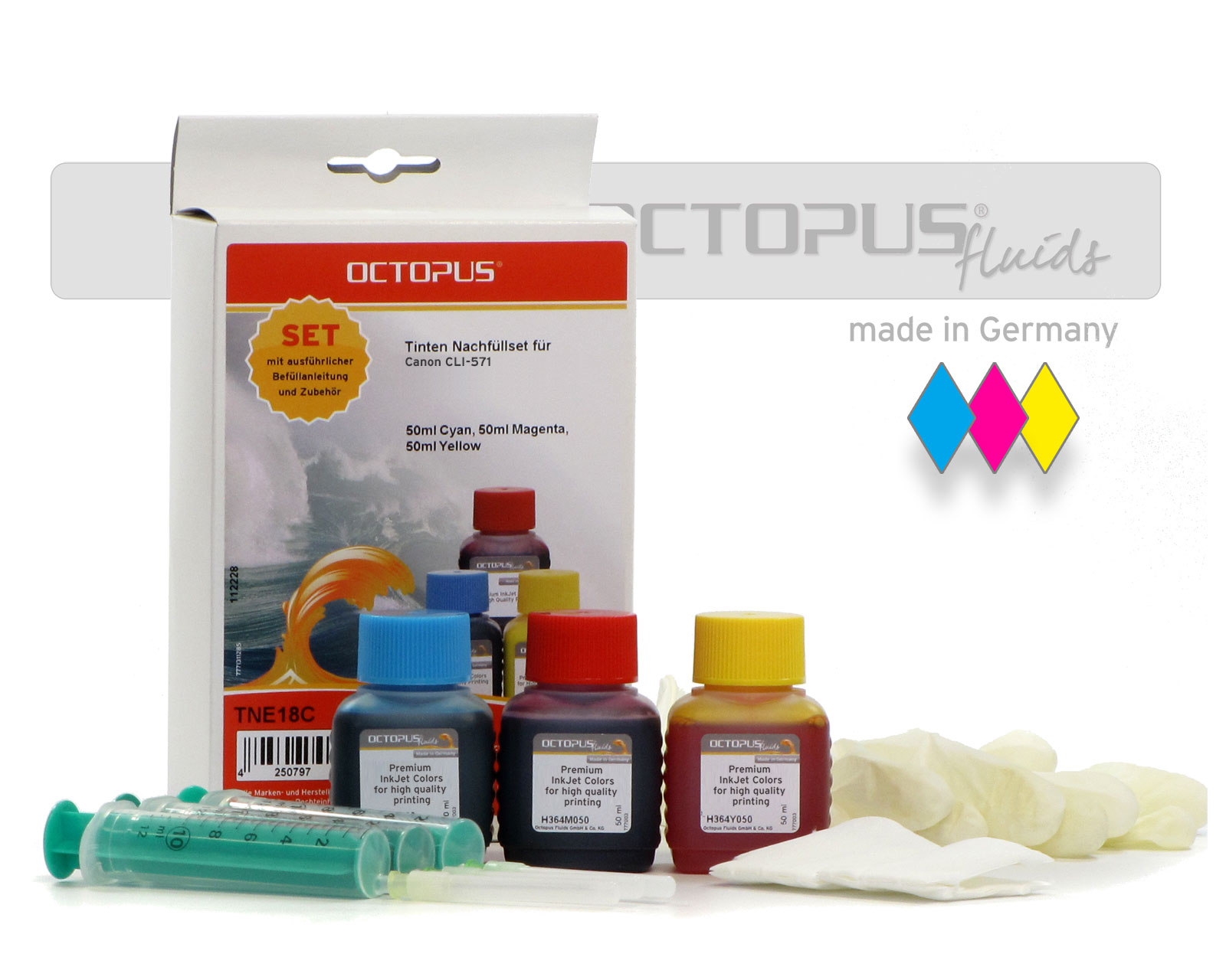 Ink refill kit for Canon CLI-571 cartridges with 3x50 ml ink