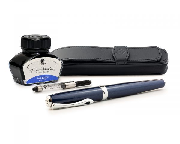 Penna stilografica Diplomat Excellence A2 Midnight Blue Chrome, con inchiostro per stilografica in blu reale e astuccio in vera pelle, M-nib in acciaio inox