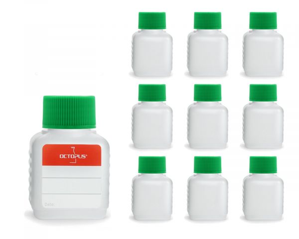 10 x 50 ml HDPE plastic bottles with green screw caps