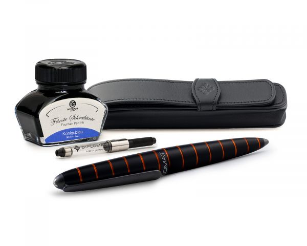 Set stilografica Diplomat Elox Ring nero-arancio con inchiostro per stilografica in blu reale e astuccio in vera pelle