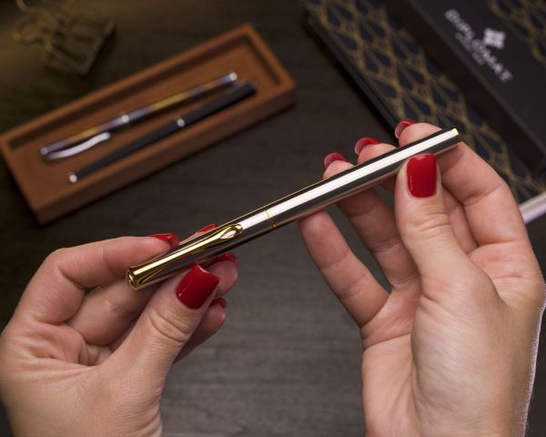 Füllhalterset Diplomat Traveller Edelstahl vergoldet mit Lederetui, Schreibtinte und Tintenkonverter