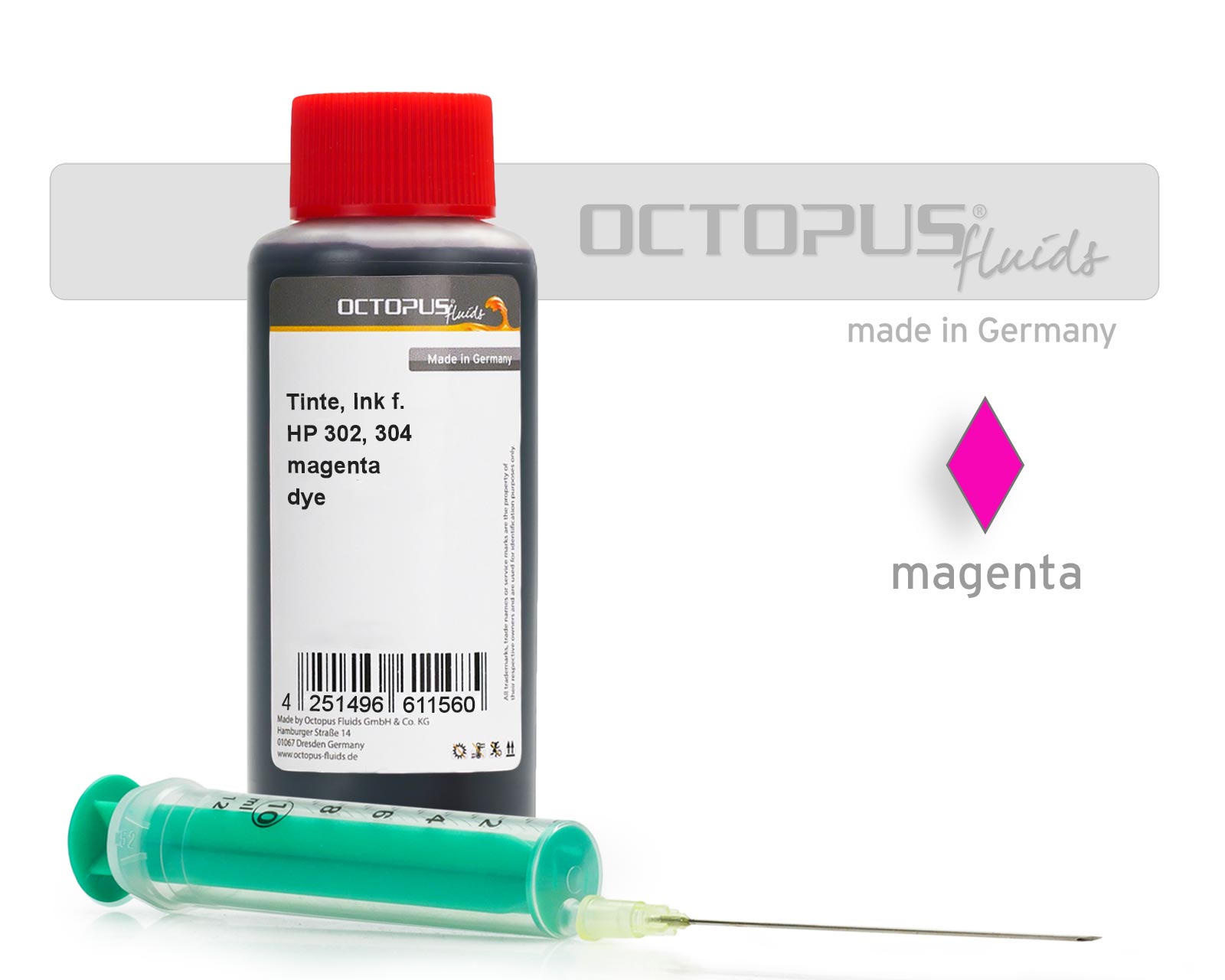 100ml Inchiostro per cartucce HP 302, HP 304 magenta completo con la siringa