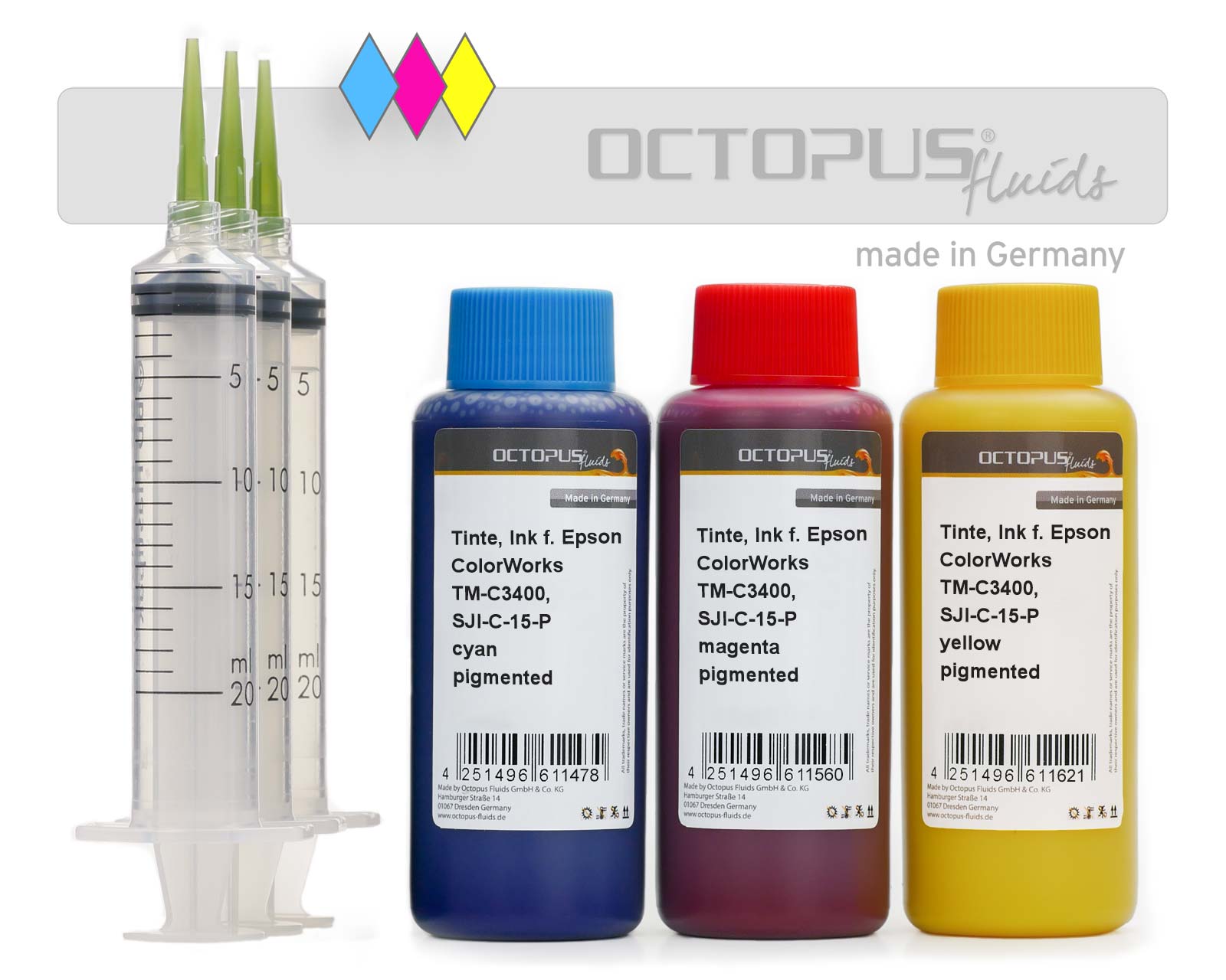 3x Nachfülltinte und Refilltool für Epson Etikettendrucker ColorWorks TM-C3400, SJI-C-15-P