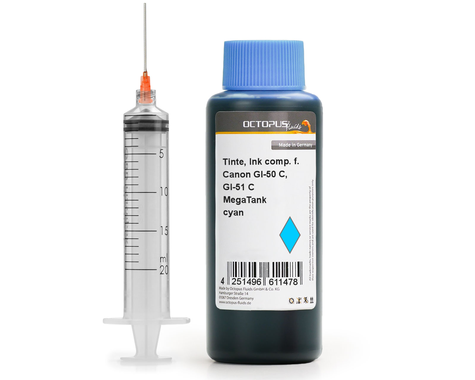 
Refill ink for Canon GI-50 C, GI-51 C Pixma MegaTank cyan with syringe