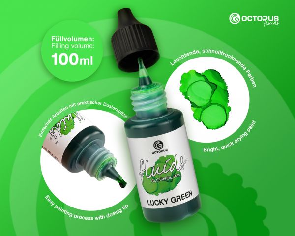 100 ml Octopus Fluids Alcohol Ink LUCKY GREEN, Inchiostro ad alcohol per Fluid Art e Resin Art, verde