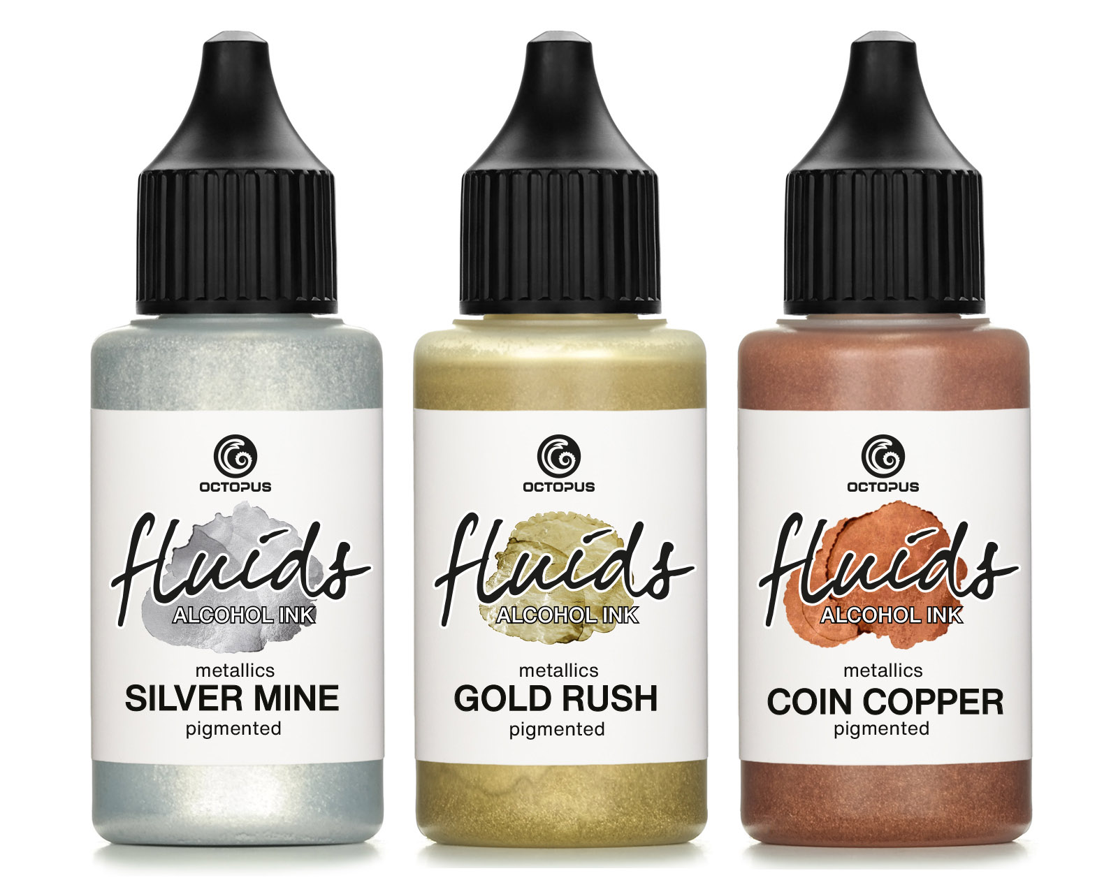 3x 30ml Fluids Alcohol Ink Set Metallics GOLD RUSH, SILVER MINE, COIN COPPER Alkoholtinte für Fluid 3x 30ml Fluids Alcohol Ink Set Metallics GOLD RUSH, SILVER MINE, COIN COPPER Alkoholtinte für Fluid