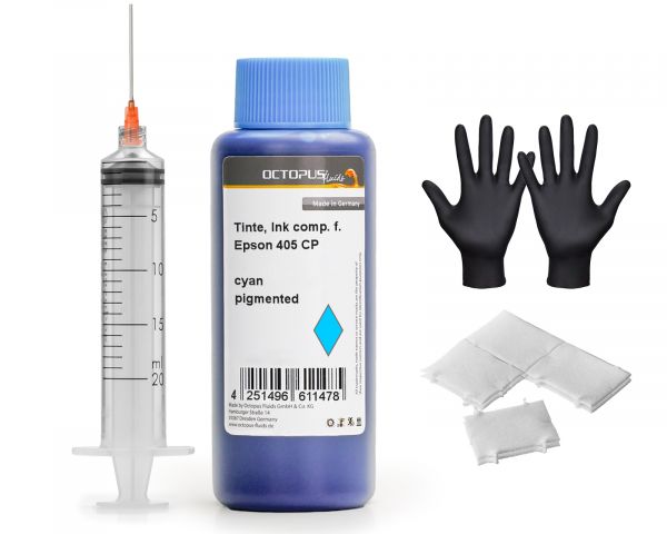 Refill ink for Epson 405 ink cartridges, WF-3820, WF-4820, WF-7830 cyan with syringe