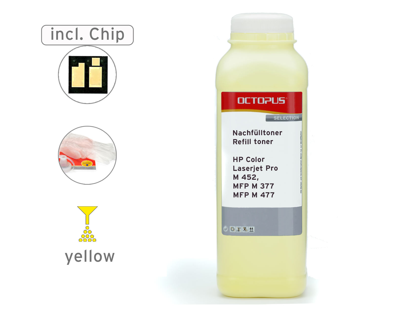 Refill toner set with chip for HP Color Laserjet Pro M 452, MFP M 377 and MFP M 477, Yellow