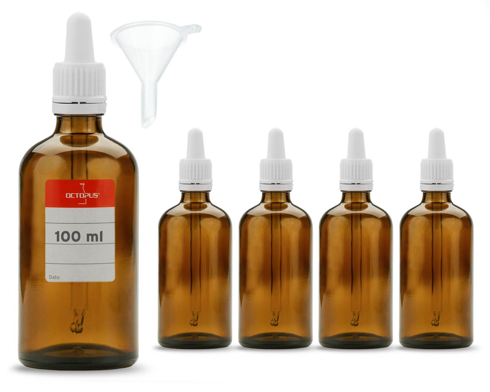 5 x 100 ml amber glass bottles with pipettes, laboratory bottles with dosing pipette, incl. funnel + labels