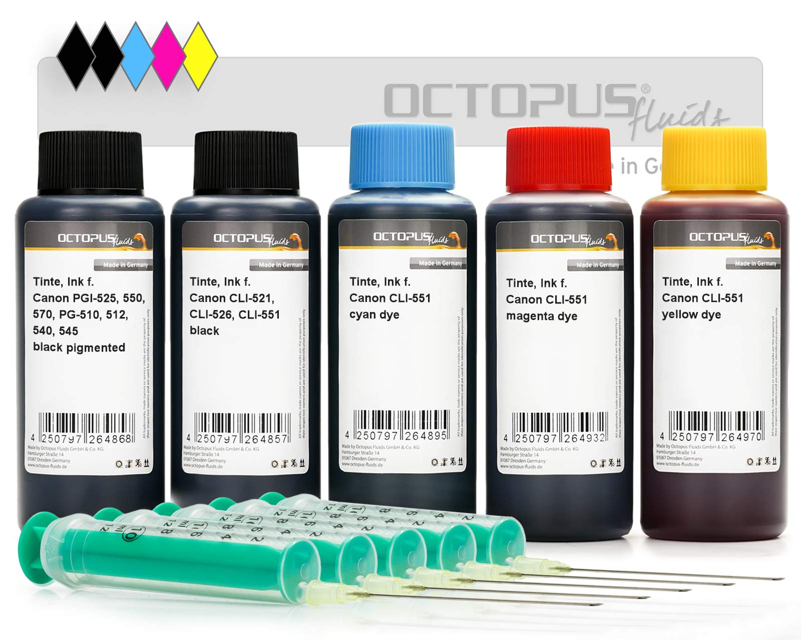 Refill ink set for Canon PGI-550, PGI-555XL, CLI-551