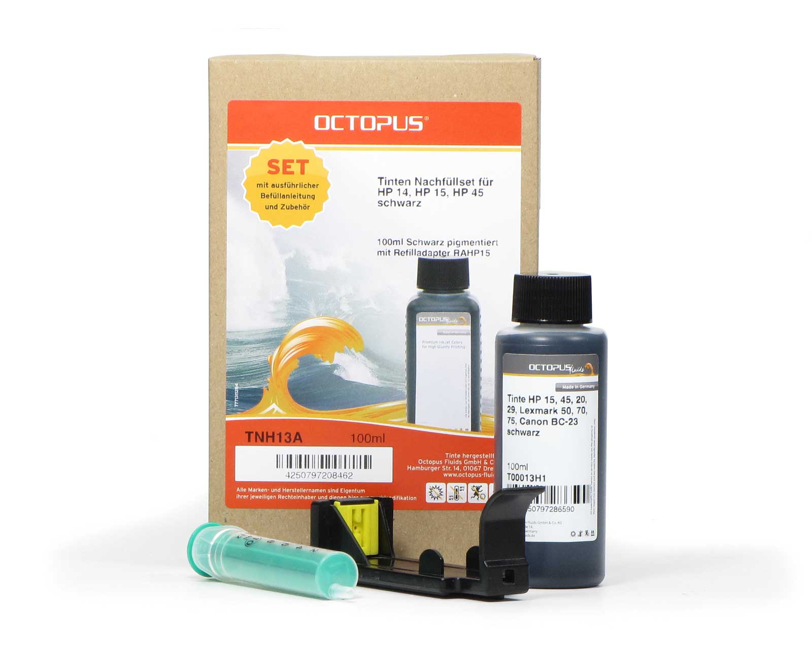 Ink refill kit for HP 14, 15, 45 black with refill tool