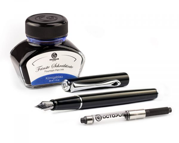 Penna stilografica Diplomat Traveller nero laccato con inchiostro da scrittura e convertitore, M-nib in acciaio inox